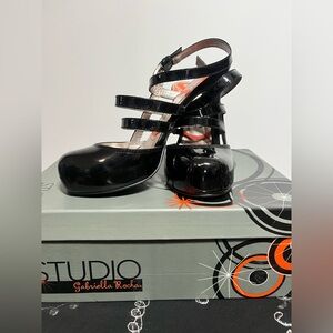 Strappy faux “Patent” heels